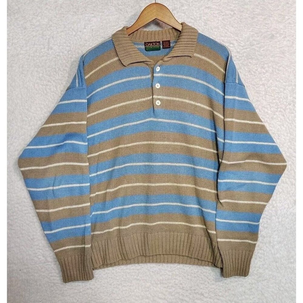 Vintage Oakton Limited Sweater 1/4 Button Stripped Blue Tan Men's Size XL